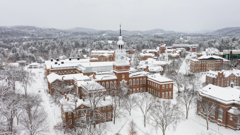 Aerial picture of Baker-Berry Library after a snowfall in winter
