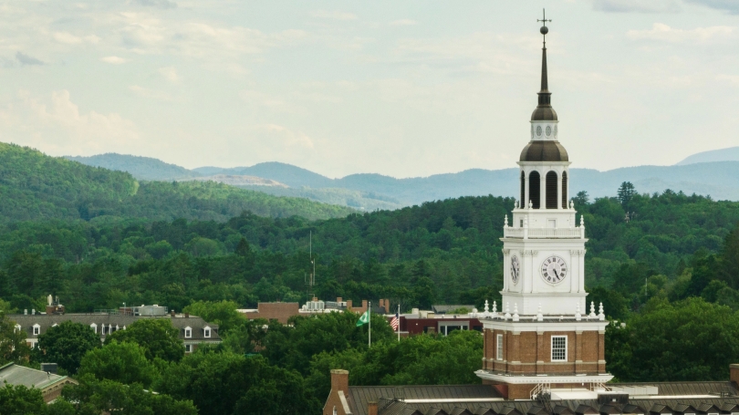 Aerial view of Dartouth College's Baker Tower and the hills in the distance