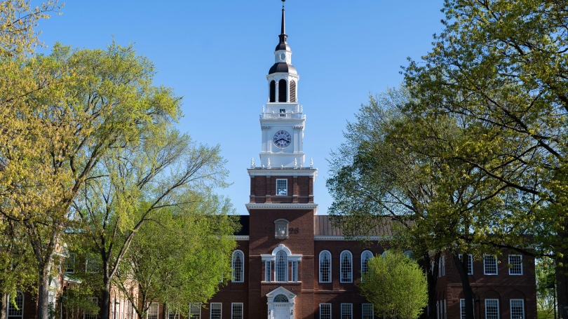 Photo of Baker Library on Dartmouth College campus in springtime