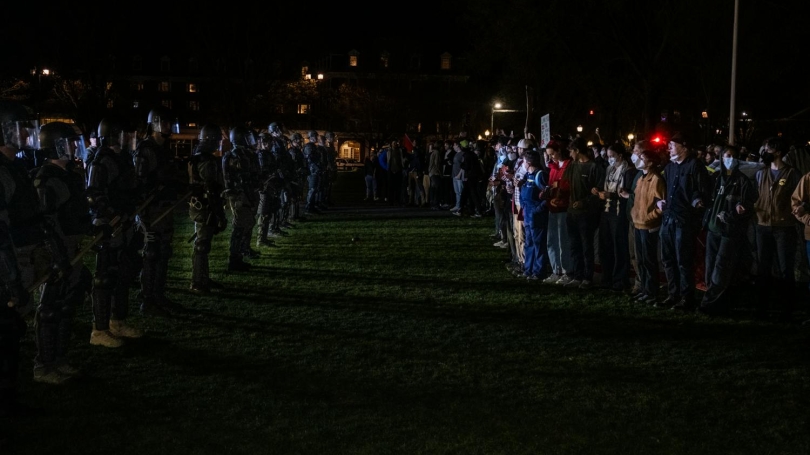 May 1, 2024. Police line opposite a peaceful circle of student protesters. Over the evening, 90 arrests were made, in an unprecedented use of law enforcement on campus.
